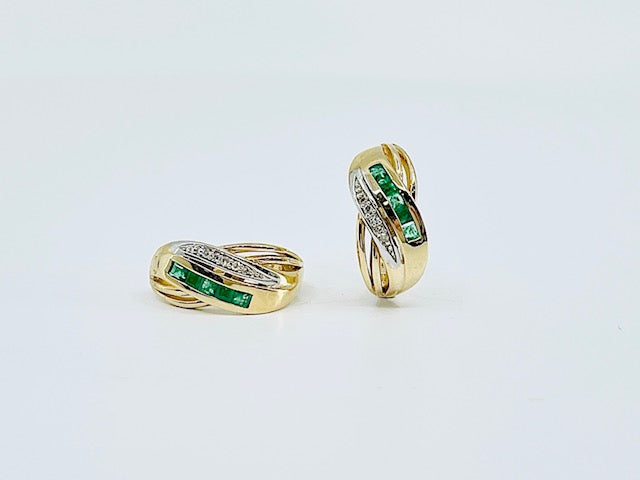 10K Yellow Gold Genuine Emerald and Diamond Earrings