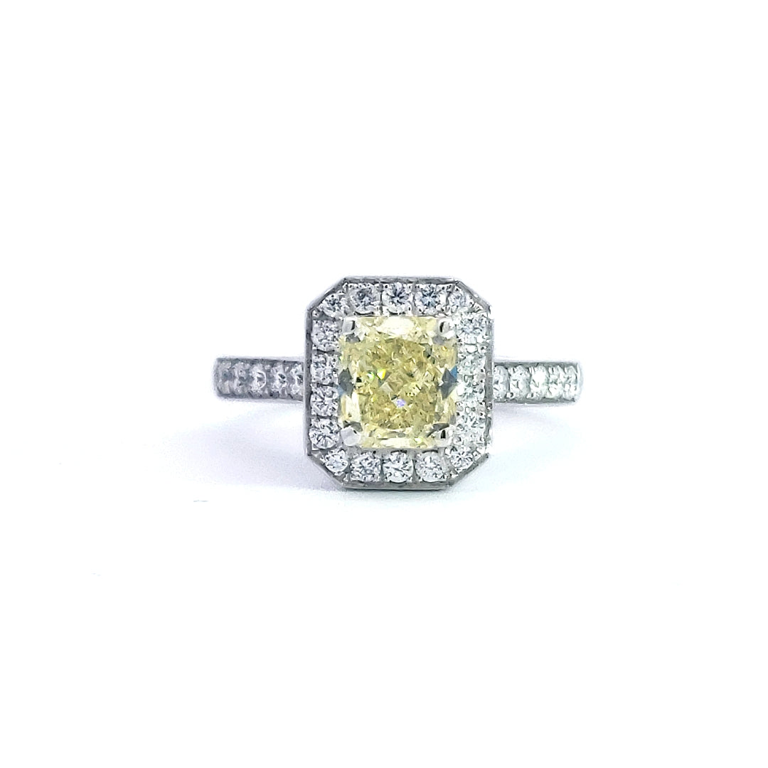 14K White Gold 1.64cttw Fancy Yellow  Cushion Cut Diamond Halo Engagement Ring, Size 6.5