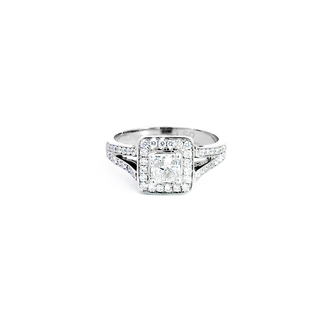 14K White Gold 0.87cttw Princess Cut Diamond Halo Engagement Ring