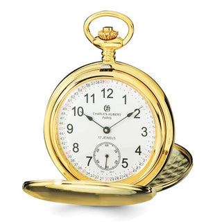 Gold pocket watch with white face on a white background