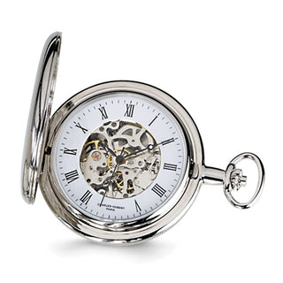 Silver pocket watch with white face and visible mechanism on a white background