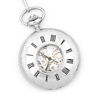 Silver pocket watch with Roman numerals on a white background