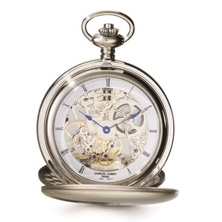 Silver pocket watch with open face showing mechanical components on a white background