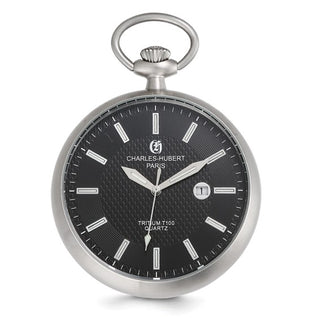 Pocket watch with black face and silver casing on a white background