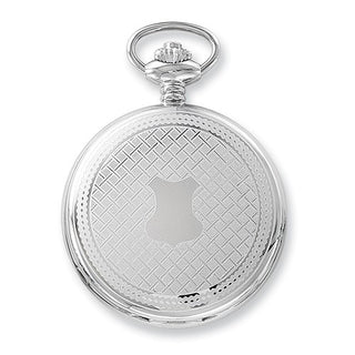 Silver pocket watch with detailed design on a white background