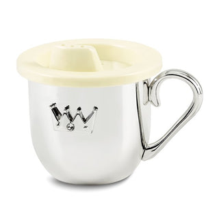 White mug with a beige lid and silver handle on a white background