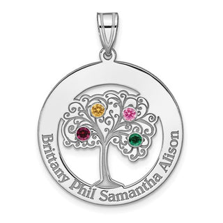 Silver tree-shaped pendant with colored gemstones and engraved names on a white background