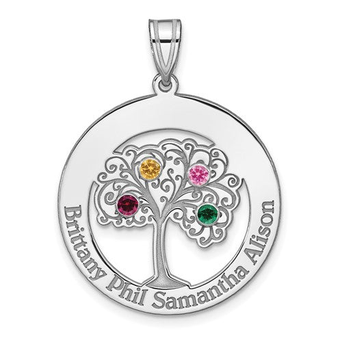 Silver tree-shaped pendant with colored gemstones and engraved names on a white background