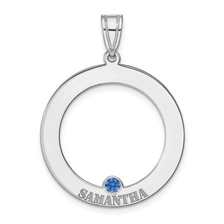 Silver pendant with 'Samantha' and a blue gemstone on a white background