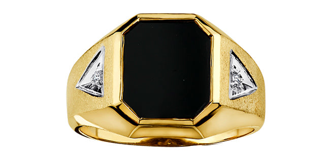 10K Yellow Gold 12x10mm Genuine Onyx &amp; 0.03cttw Diamond Gents Ring, size 10