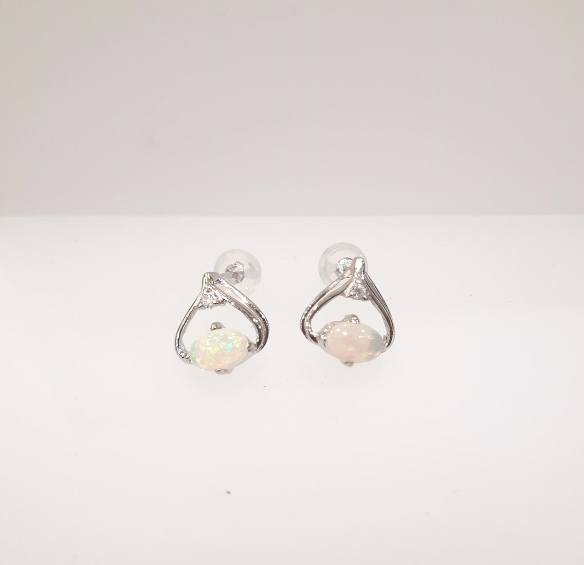 14K White Gold Opal &amp; 0.03cttw Diamond Earrings