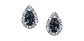 Pendientes con halo en forma de pera de oro blanco de 10 quilates con zafiro genuino de 0,60 quilates y diamantes de 0,11 quilates