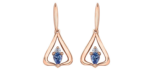 14K Rose Gold 0.32cttw Pear Cut Tanzanite &amp; 0.048cttw Diamond Stud Dangle Drop Earrings