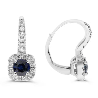 Aretes colgantes de oro blanco de 14 quilates con zafiro de 4 mm y diamantes de 0,34 quilates