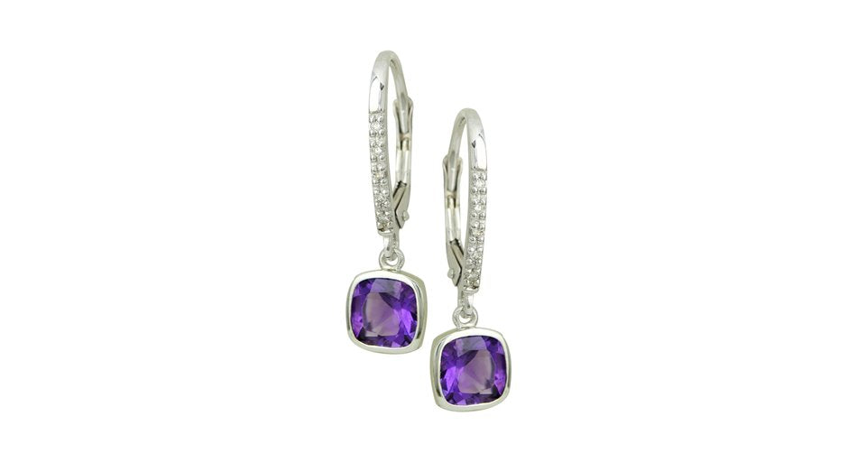 10K White Gold 5.5mm x 5.5mm Amethyst and 0.04cttw Diamond Drop Earrings with Lever Backs