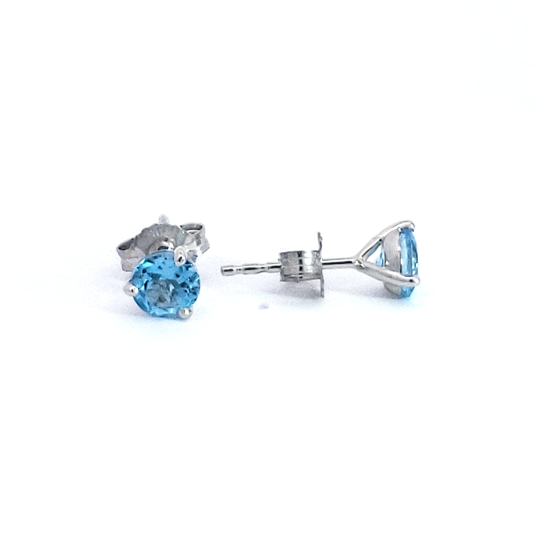 10K White Gold 5mm Blue Topaz Earrings with Three Claw Setting