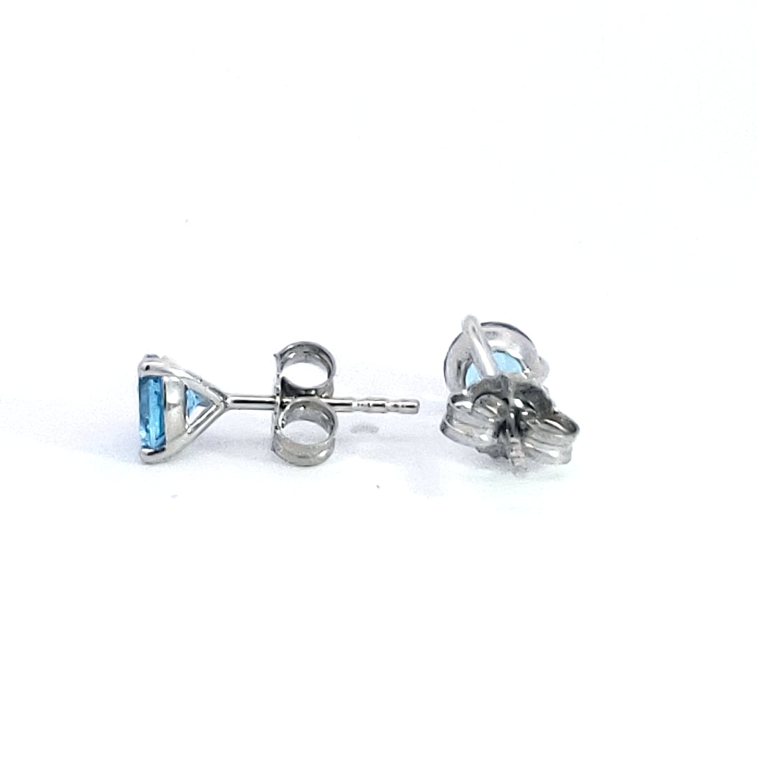 10K White Gold 5mm Blue Topaz Earrings with Three Claw Setting