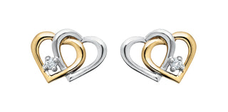 Pendientes de doble corazón con diamantes en oro amarillo y blanco de 10 quilates, 0,03 quilates