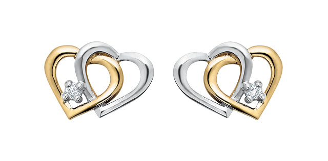 10K Yellow &amp; White Gold Diamond Double Heart Earrings 0.03cttw