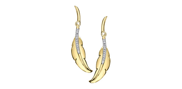 10K Yellow Gold 0.07cttw Diamond Dangle Feather Earrings