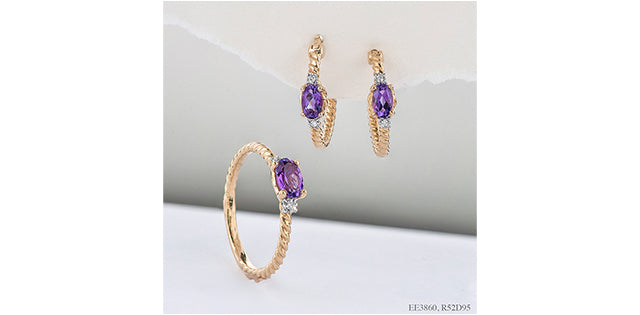 10K Yellow Gold  Amethyst and Diamond Hoop Earrings