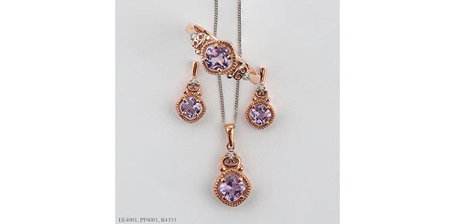 Aretes colgantes de diamantes y amatista rosa en oro rosa de 10 quilates