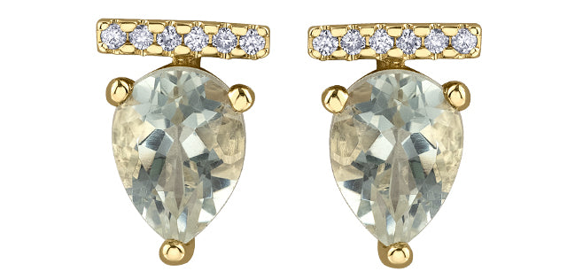 10K Yellow Gold 1.26cttw Green Amethyst (Prasiolite) and 0.048cttw Diamond Stud Earrings