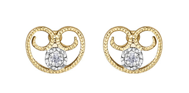 10K Yellow Gold Diamond Filigree Antique Heart Earrings 0.02cttw