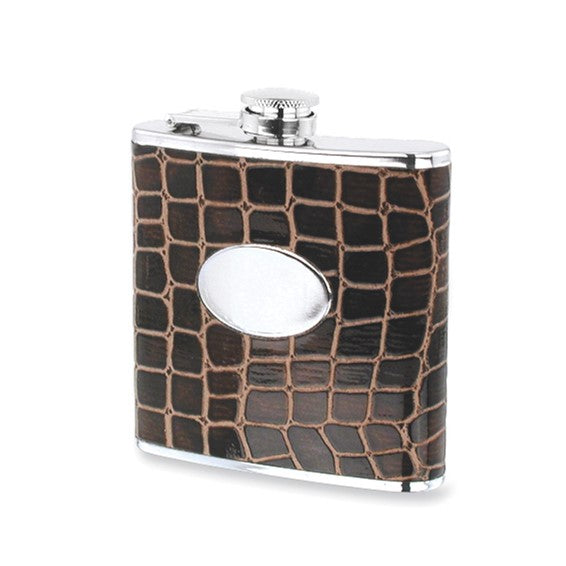 Rebel Steel Brown Faux Crocodile Leather Stainless Steel 6 ounce Hip Flask with Funnel and Oval Engraving Area - 11.5cm X 2.5cm