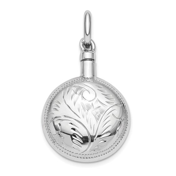 925 Sterling Silver Rhodium Plated Round Filigree Polished Screw Top Ash Holder Pendant - 39mm x 21mm