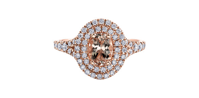 14K Rose Gold 0.75cttw Oval Cut Genuine Morganite &amp; 0.45cttw Diamond Double Halo Ring, size 6.5