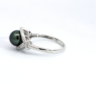 Anillo de diamantes y perlas de Tahití en oro blanco de 14 quilates - Talla 6