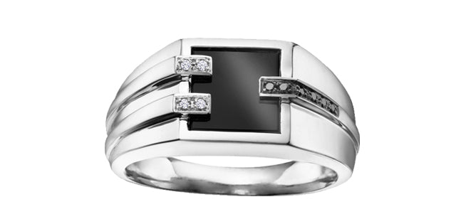 10K White Gold 0.04cttw Black Diamond Ring With Onyx Gents Ring, Size 10