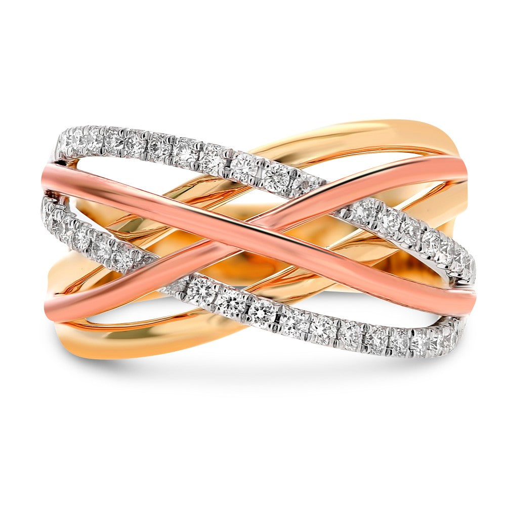 14K Tri-Tone Yellow, White and Rose Gold 0.37cttw Diamond Overlapping Ring - Size 6.5