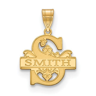 Gold pendant with 'SMITH' engraving on a white background