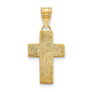 Gold cross pendant with fingerprint design on a white background
