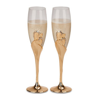 2 copas de champán en tono dorado con diseño de corazón eterno