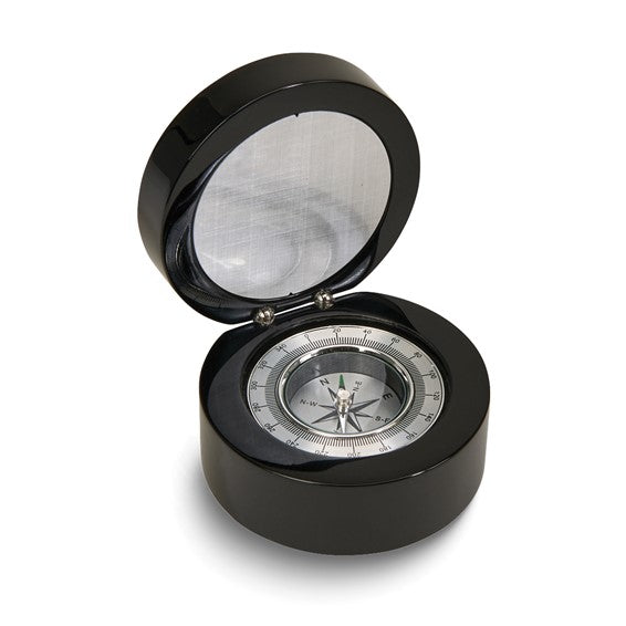 Black Wood Round Box With Compass and Engravable Plate