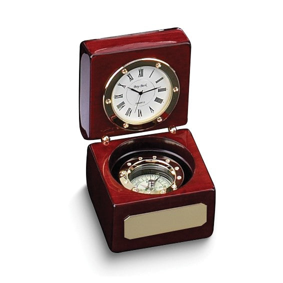Rosewood Finish Wood Box with Compass and Clock and Engraving Plate