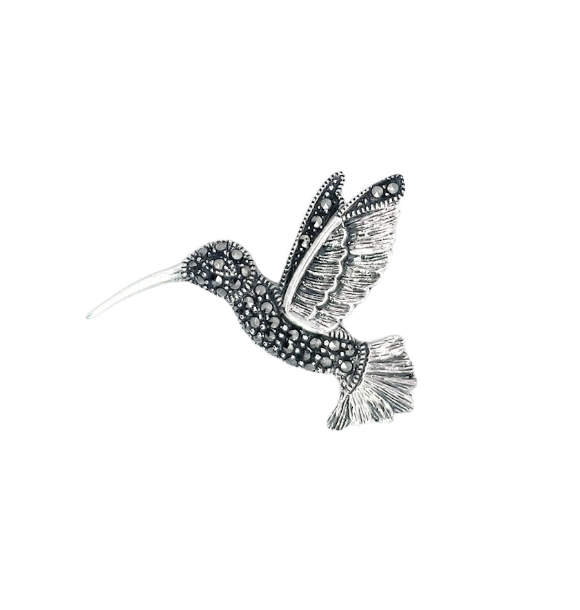 Broche de marcasita de colibrí envejecido de plata de ley