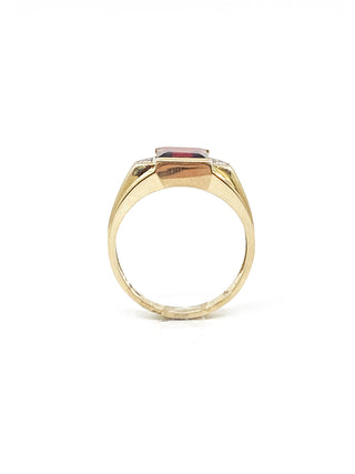 Anillo para caballero de oro amarillo de 10 quilates, granate auténtico de 3,0 quilates y diamante de 0,03 quilates, talla 10