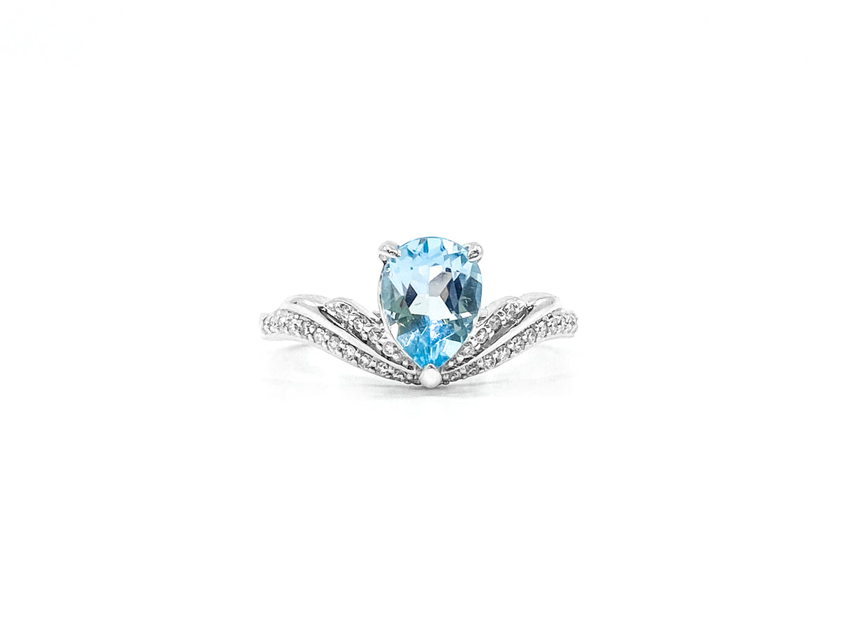 10K White Gold 1.40cttw Genuine Blue Topaz and 0.16cttw Diamond Ring, size 6.5