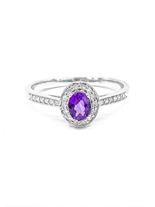 Anillo de oro blanco de 10 quilates con amatista genuina de 0,30 quilates y halo de diamantes de 0,13 quilates, tamaño 6,5
