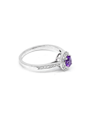 Anillo de oro blanco de 10 quilates con amatista genuina de 0,30 quilates y halo de diamantes de 0,13 quilates, tamaño 6,5
