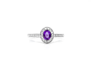 Anillo de oro blanco de 10 quilates con amatista genuina de 0,30 quilates y halo de diamantes de 0,13 quilates, tamaño 6,5