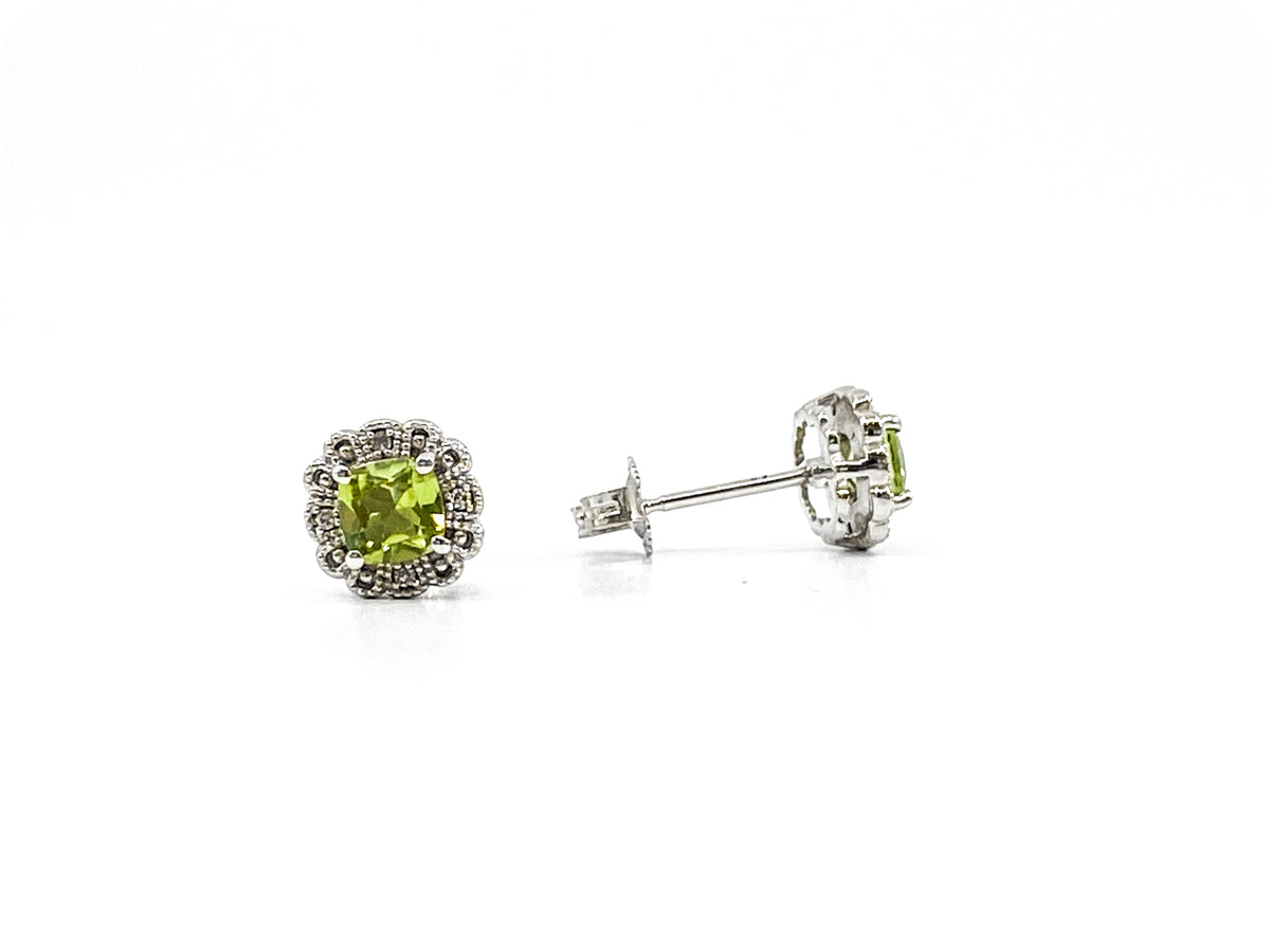 10K White Gold 1.00cttw Genuine Peridot and 0.03cttw Diamond Halo Earrings