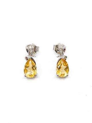 Pendientes de oro blanco de 10 quilates con citrino auténtico de 1,25 quilates y diamantes de 0,032 quilates