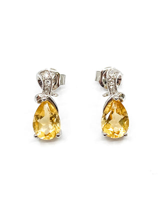 Pendientes de oro blanco de 10 quilates con citrino auténtico de 1,25 quilates y diamantes de 0,032 quilates