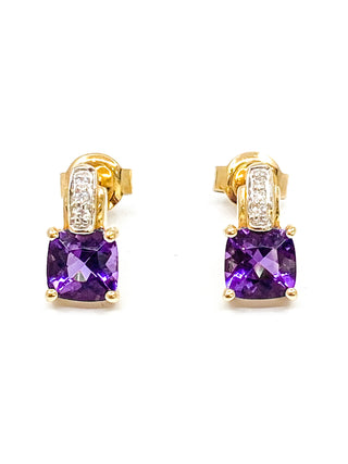 10K Yellow Gold 1.00cttw Genuine Amethyst & 0.025cttw Diamond Earrings- Discontinued