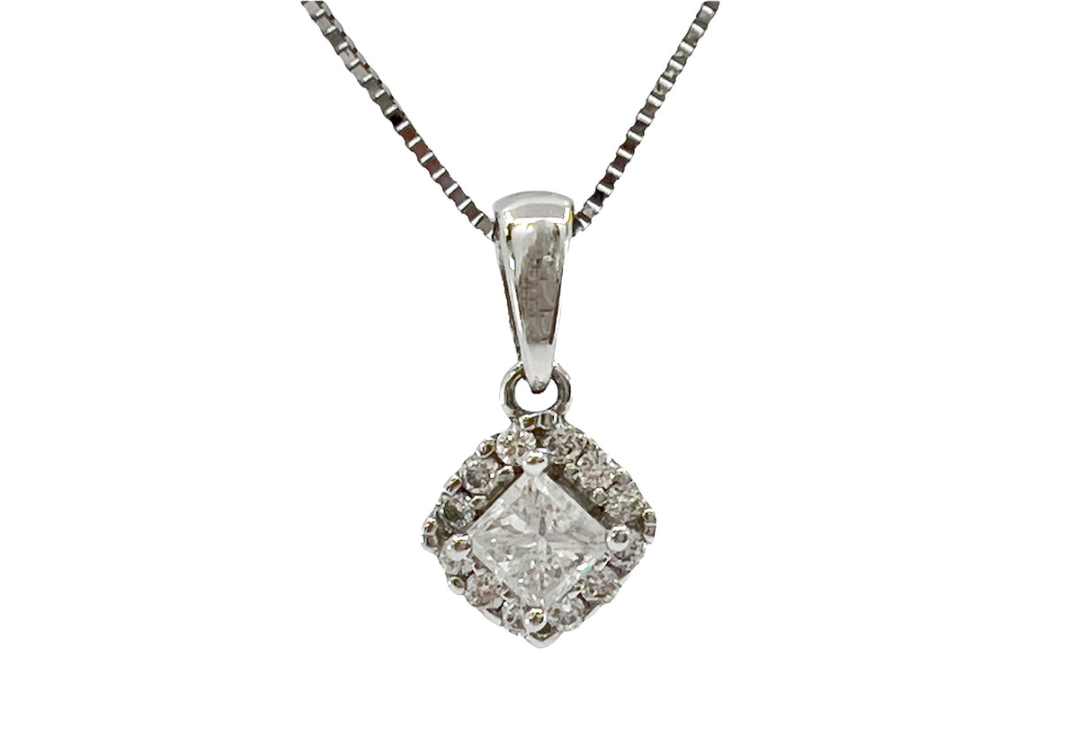14K White Gold 0.34cttw Princess Cut Canadian Diamond Pendant, 18&quot;